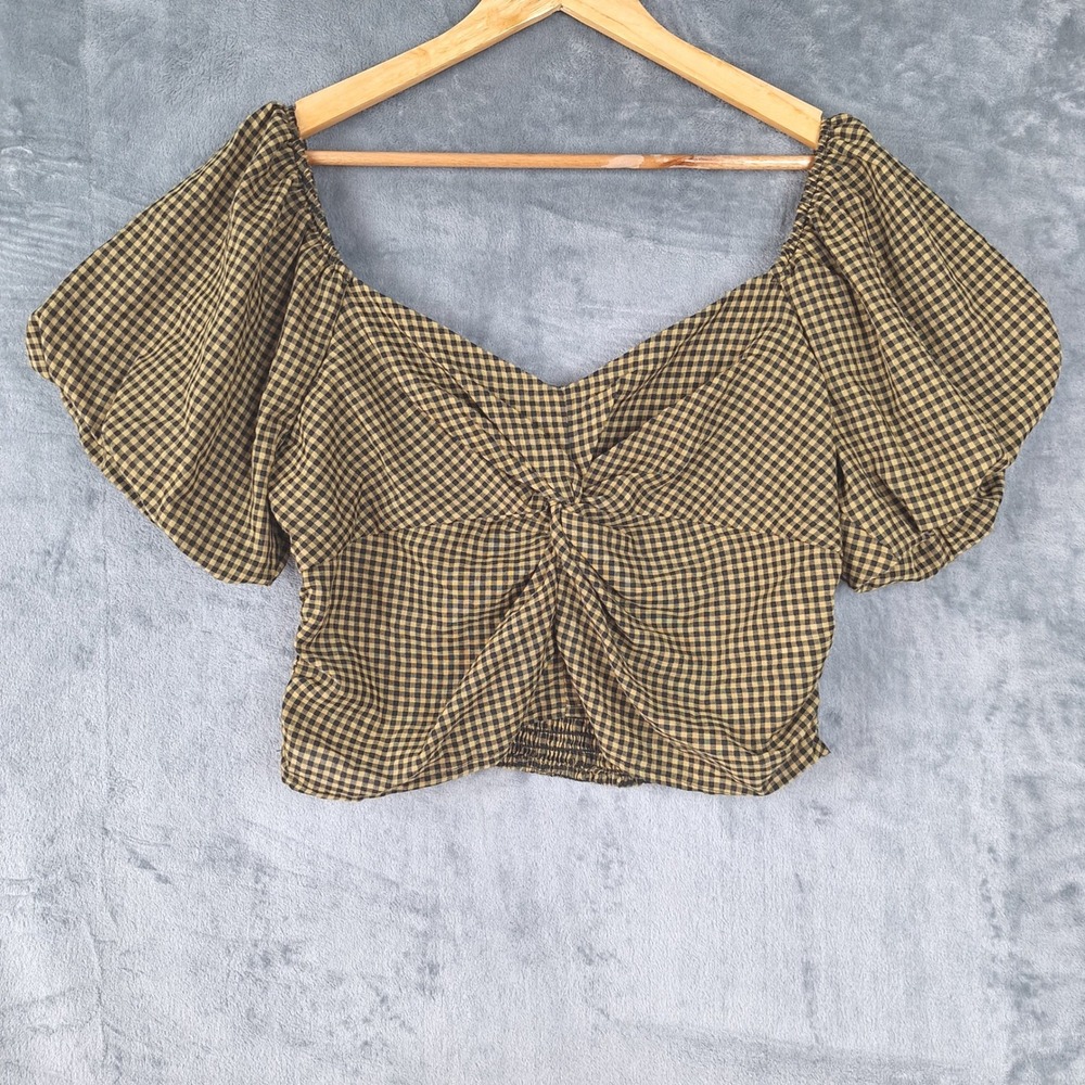 Womens Top XL‎ Cropped Country Western Milkmaid Boho Gingham Plaid Twist Front